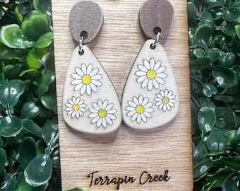 Daisy Stud Drop Earrings | Wooden Daisy Earrings | Handmade Earrings