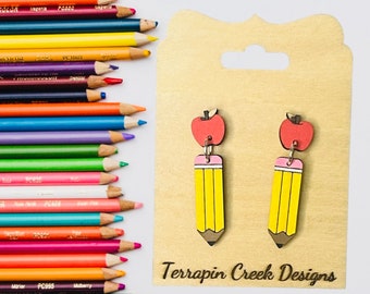 Back to School Earrings | Apple & Pencil Drop Earrings | Teacher Gift | Handmade Earrings | Handpainted Earrings