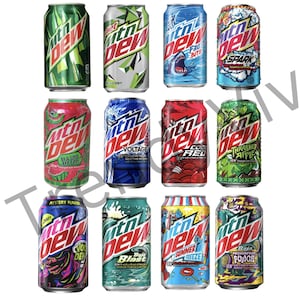 Puede incluir: Una colección de doce latas de refresco Mountain Dew, cada una con un diseño y nombre de sabor únicos. Las latas presentan varios colores, incluyendo verde, rojo, azul y amarillo, con gráficos y texto que indican las diferentes variedades.
