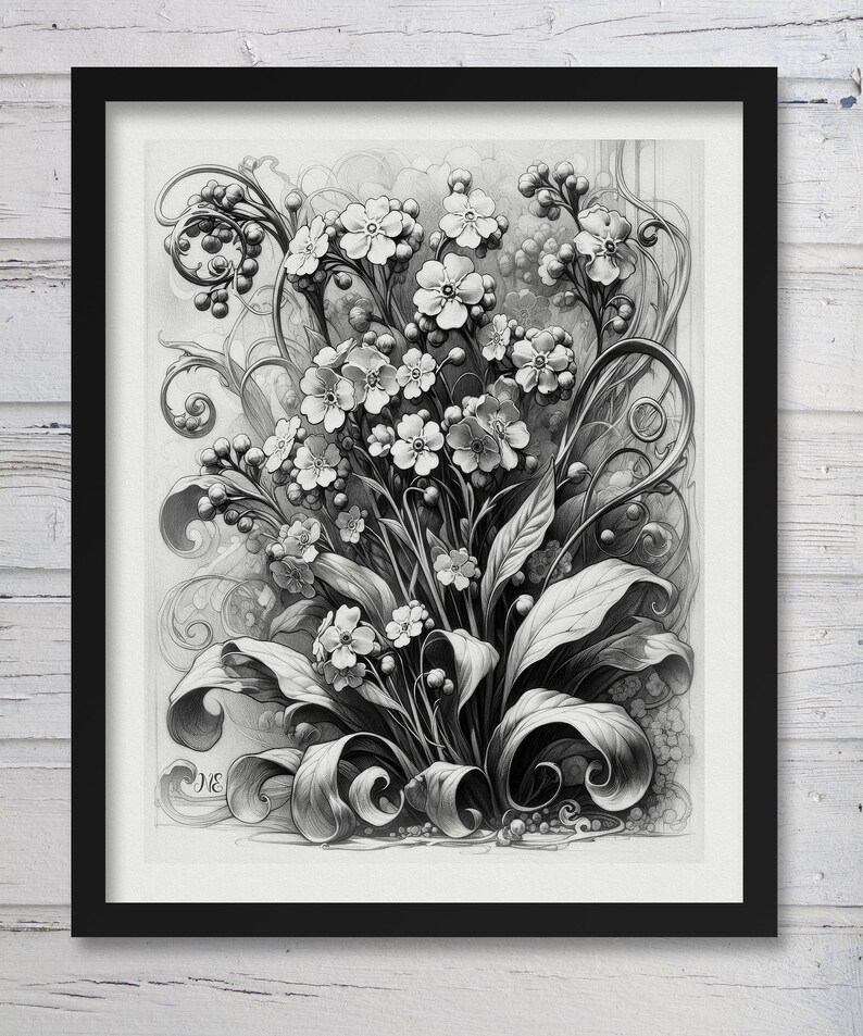 Me Not Flower Art Print, Black and White, Fantasy, Floral, Wall