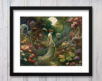 Mythology Art Print, Flora Art Nouveau Garden, Wall Art, Home Decor, Art Print, Flower, Vintage Poster Art, Surreal, Fantasy