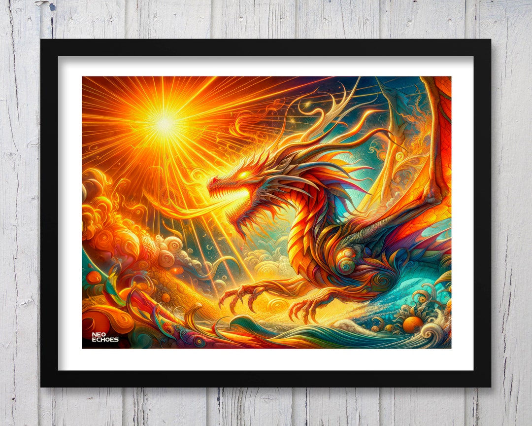 Dragon Art Print, Fire Dragon Fantasy Dragon Colorful Wall Art Decor ...