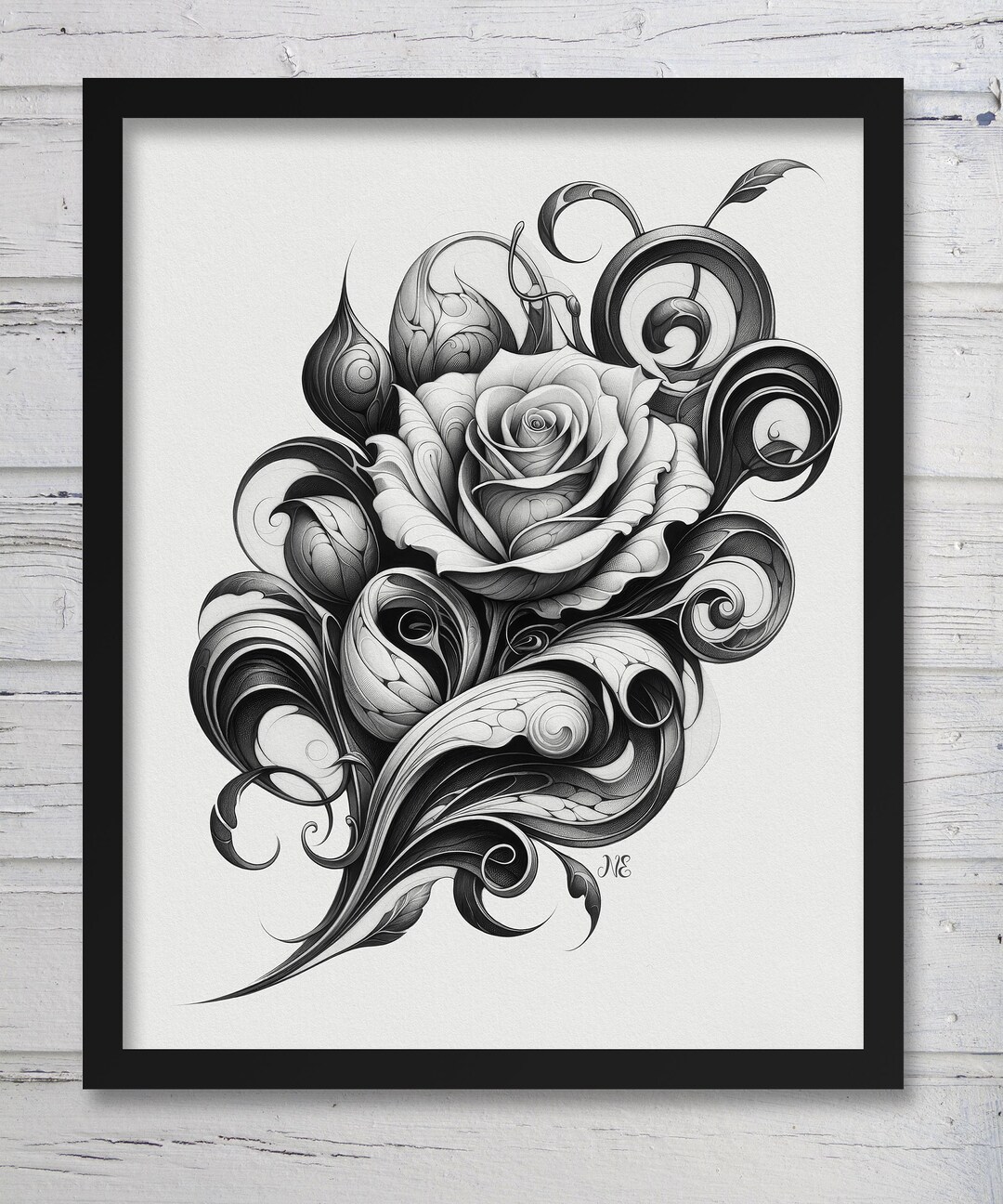 Rose Flower Art Print, Black and White, Fantasy, Floral, Wall Art, Home