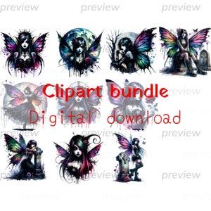 gothic fairies bundle set, Cute fairies PNG Clipart Designs, watercolor dark fairy