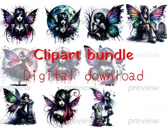 gothic fairies bundle set, Cute fairies PNG Clipart Designs, watercolor dark fairy