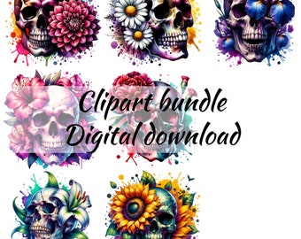 Floral skulls clipart bundle, watercolor skull clipart set, watercolor skull PNG Designs