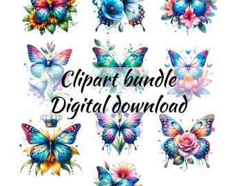 May include: A set of ten digital clipart images featuring colorful butterflies with watercolor-style designs. Each butterfly is surrounded by flowers and foliage, creating a whimsical and delicate aesthetic.
