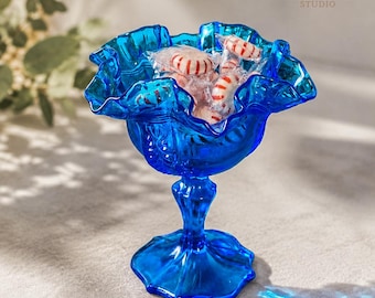 Vintage Cobalt Blue Glass Ruffled Compote