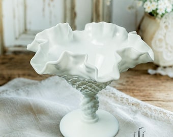 1960s Vintage Fenton Hobnail Milk Glass Pedestal Compote