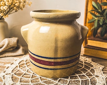 Vintage RRP Stoneware Crock With Red Blue Stripes