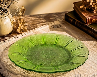 Green Depression Glass Cherry Blossom Plate, Uranium Glass