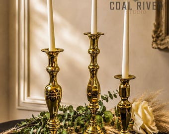 Vintage Baldwin Brass Statement Candlesticks, Graduated Tall Taper Candle Holder Set