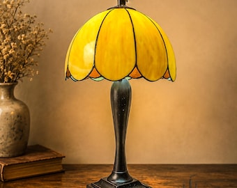 Vintage Stained Glass Lamp Shade, Tiffany Style Yellow Slag Glass Shade