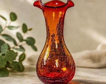 Vintage Amberina Crackle Glass Bud Vase