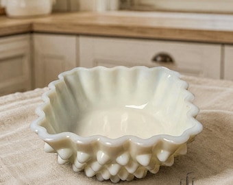 Vintage 1960s Fenton Hobnail Milk Glass Square Dessert Bowl