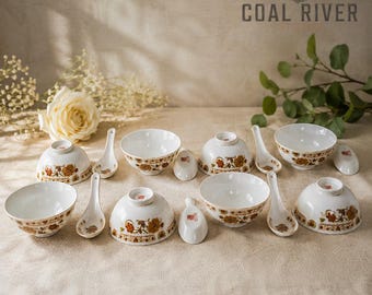 Vintage Taiwanese Tatung Soup Bowl Set with Spoons, 8 Porcelain Floral Gold Trim Bowls