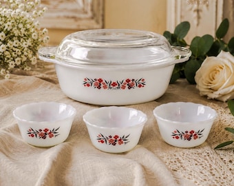 Vintage Fire-King Floral Casserole and Custard Bowls Set