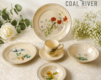 Vintage Noritake Country Diary Dinnerware Set, Edwardian Lady Botanical China Service for 12