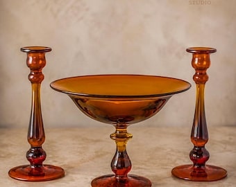 Vintage Amberina 12-inch Glass Centerpiece Set with Candlesticks