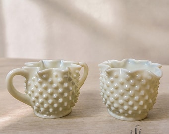 Vintage 1960s Fenton Hobnail Milk Glass Creamer Sugar Set