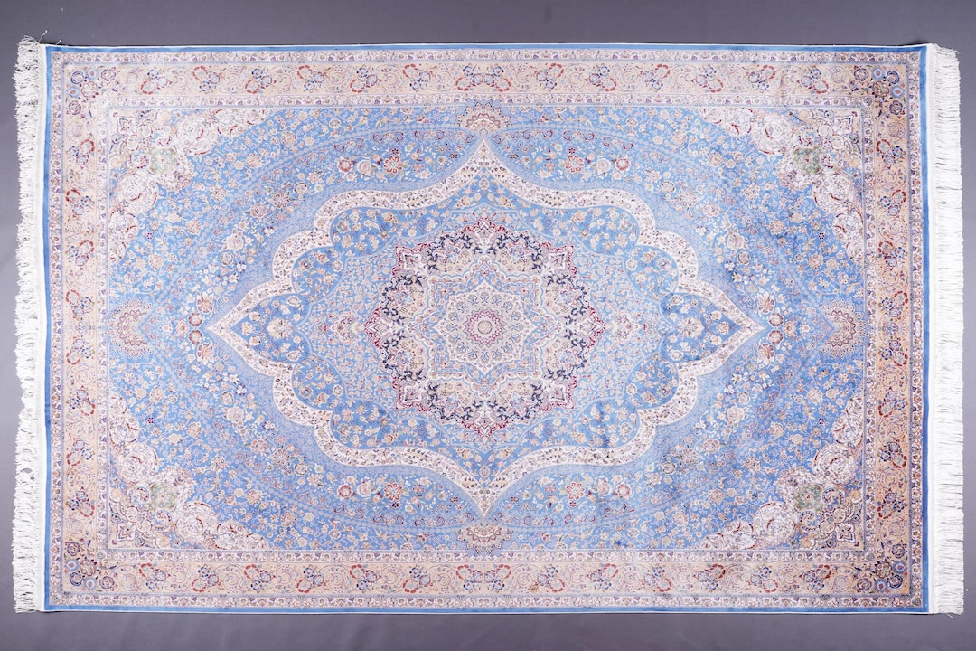 Luxurious Medallion Blue and Copper Silk Floral Rug 9.8x6.5 Ft, Turkish ...