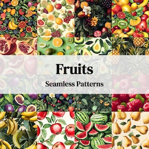 May include: A collection of 10 seamless patterns featuring various fruits, including watermelon, apples, pears, bananas, pineapples, avocados, and berries. The patterns are colorful and vibrant, with a vintage style.