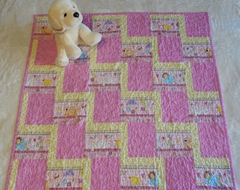 Baby Girl Quilt Teddy Bear Bunnies Dolls Ducks Hearts Flowers  35 x 35 inches