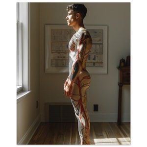 Può includere: Una persona con un tatuaggio integrale di un design anatomico dettagliato in tonalità di rosso, nero e bianco. Il tatuaggio sembra essere del sistema circolatorio. La persona è in piedi in una stanza con una finestra e un pavimento in legno.