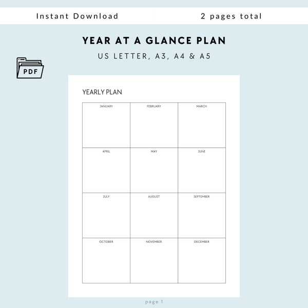 Yearly Plan Printable 2024 Year At A Glance Yearly Planner Template Minimal Year Plan Simple Blank Year Planner US Letter A3 A4 A5 PDF