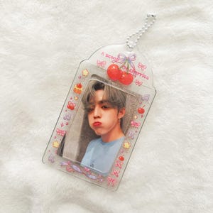 Porta-cartão de fotos de sobremesa em PVC com colher de cerejas