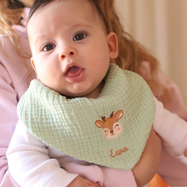 Mint Baby Bib, Soft Embroidered Custom Name Muslin Bib, 4 Layer Muslin 100% Cotton Baby Bib, Baby Shower Gifts, Newborn Bib