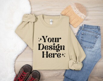 Gildan 18000 Sand Sweatshirt Mockup | G180 Crewneck Flat Lay Mock-up | Real Flatlay Mock | POD Folded Neutral Aesthetic
