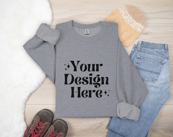 Gildan 18000 Sport Grey Sweatshirt Mockup | G180 Crewneck Flat Lay Mock-up | Real Flatlay Mock | POD Folded Neutral Aesthetic