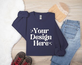 Gildan 18000 Navy Sweatshirt Mockup | G180 Crewneck Flat Lay Mock-up | Real Flatlay Mock | POD Folded Neutral Aesthetic