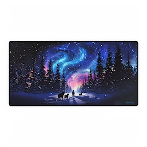 Arctic Huskies Gaming Pad, Desk Mat, XL Mouse Pad, Desk Accessories, Husky, Arctic, Aurora Borealis, Northern Lights, Night sky, Sled Dog
