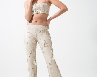 Handmade Sequined Design Bell Bottom Trousers