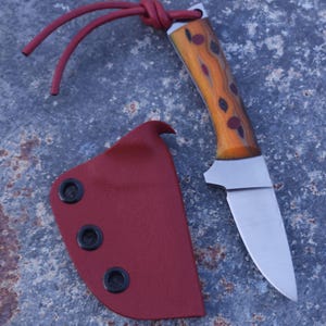 May include: A small, handcrafted knife with a wooden handle featuring a unique pattern of brown and red spots. The blade is silver, and the knife comes with a red leather sheath. A red cord is attached to the handle.