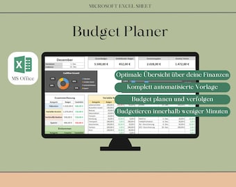May include: A computer screen displaying a Microsoft Excel spreadsheet titled "Budget Planer". The spreadsheet is designed to help users track their finances and budget. The screen shows a pie chart, tables, and text in German. The text reads "Optimale Übersicht über deine Finanzen", "Komplett automatisierte Vorlage", "Budget planen und verfolgen", and "Budgetieren innerhalb weniger Minuten".