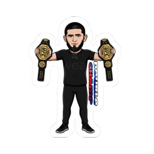 May include: A sticker featuring a cartoon illustration of a person in black attire holding two UFC championship belts. The belts are gold and black. The text "DOUBLE CHAMP" is in red, white, and blue. The word "wear" is also visible.