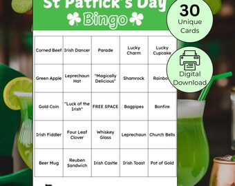 St Patricks Day Bingo for Adults, Printable Bingo Game, St. Patrick's Day Activity