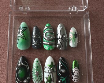 Green With Silver Chrome Press On Nails, Handmade 3D False Nails, Unique Nail Design for Birthday Party Holiday, Vacation, Gift for Her