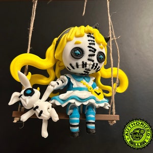 Creepy Doll: Alice Edition with Rabbit Doll - Magnets in hands to hold Stuffed Rabbit- Creepy & Cute - Gothic - Wonderland - Adventure