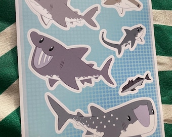 Shark Sticker Sheet – White, Hammerhead, Whale, Thresher (A6 Size)