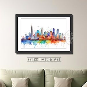Arte digital do horizonte da cidade de São Francisco | Cena urbana vibrante | Decoração de parede moderna | Arte para impressão para casa ou escritório | Presente | Arte da cidade