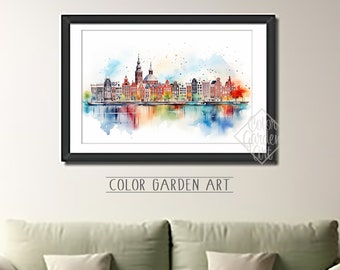May include: A watercolor painting of a city skyline with colorful buildings and a reflection in the water. The painting is framed in black and has the text "COLOR GARDEN ART" below it.