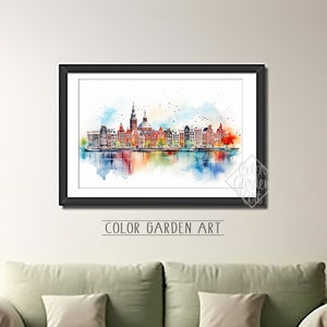 Art numérique paysage urbain d'Amsterdam | Scène urbaine animée | Décoration murale moderne | Art imprimable pour la maison ou le bureau | Cadeau | Art de la ville
