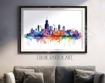 May include: A watercolor painting of the Chicago skyline in shades of blue, purple, orange, and green. The painting has a white background and the text "COLOR GARDEN ART" is printed below the image.