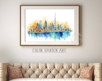 May include: A watercolor painting of the Dubai skyline with a blue and orange color scheme. The painting is framed and hanging on a wall above a couch.