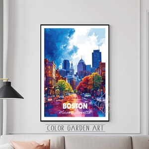 Boston Massachusetts Reise Poster Aquarell Digitale Kunst | Lebendige Stadtbild Illustration | Vintage-inspirierte Wand Dekoration Print | Geschenk