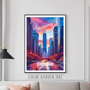Chicago Illinois Reise Poster Aquarell Digitale Kunst | Lebendige Stadtbild Illustration | Vintage-inspirierte Wand Dekoration Print | Geschenk